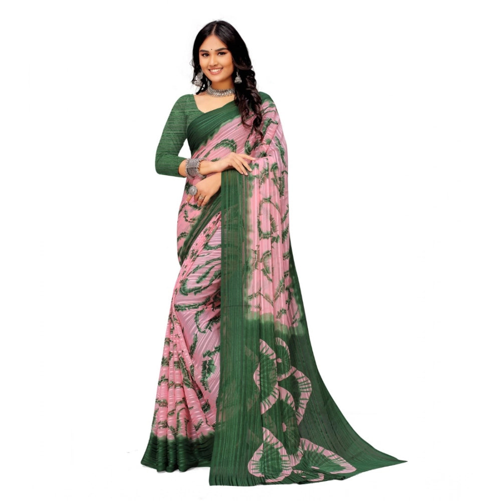 Green Georgette printed saree with unstitched blouse for women, vibrant design on display