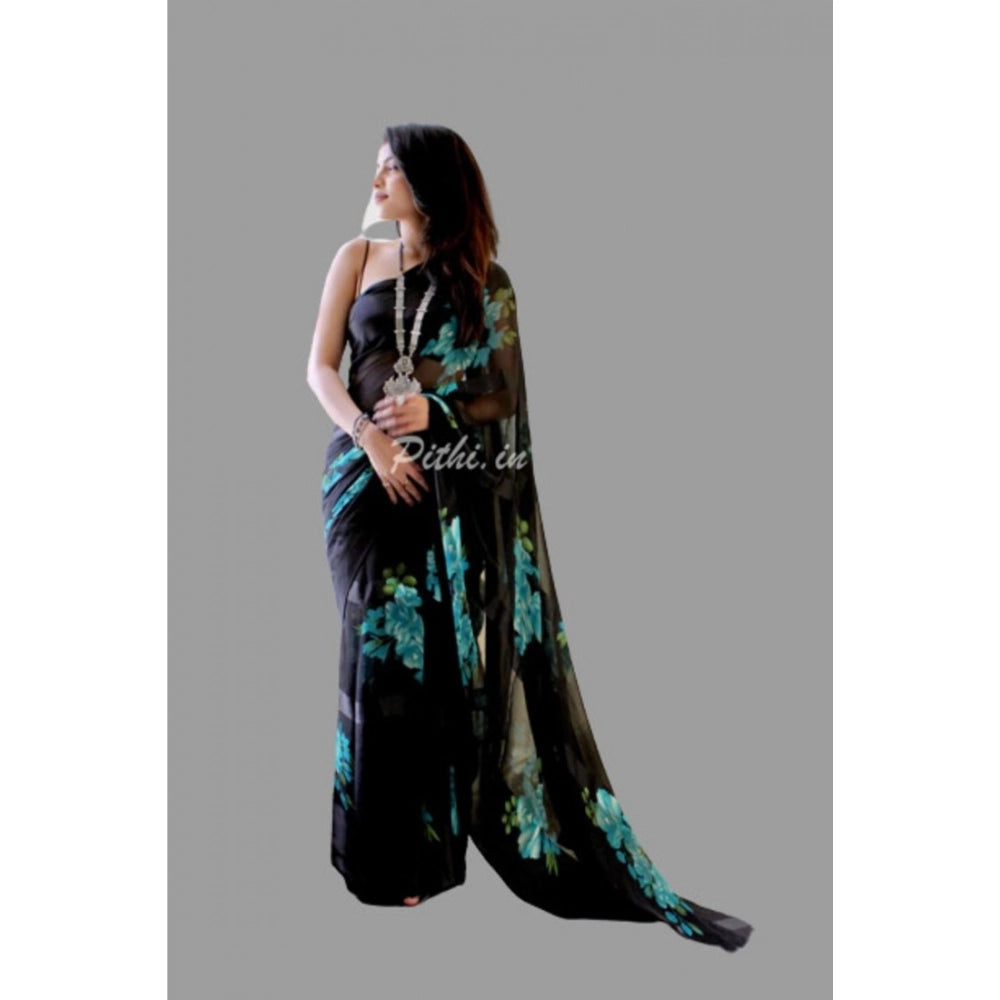 Blue satin patta printed saree with unstitched blouse, traditional Indian women's wear