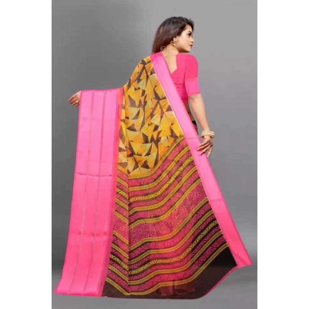 Pink satin patta printed saree with unstitched blouse
