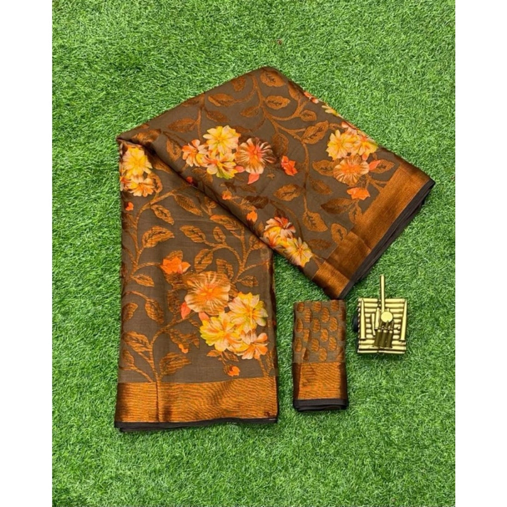 Brown viscose rayon printed saree with unstitched blouse - versatile women's ethnic wear for special occasions