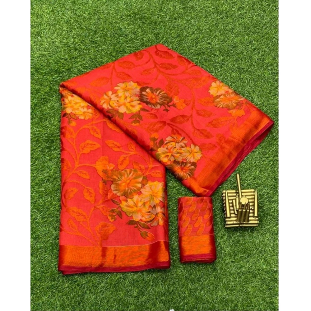 Red viscose rayon printed saree with unstitched blouse, vibrant fashion for women