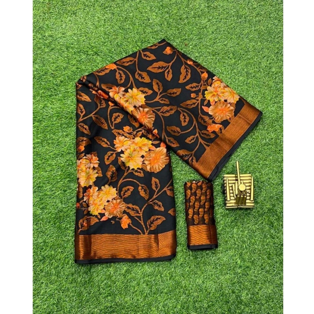 Black viscose rayon printed saree with unstitched blouse for women, intricate design on a vibrant backdrop