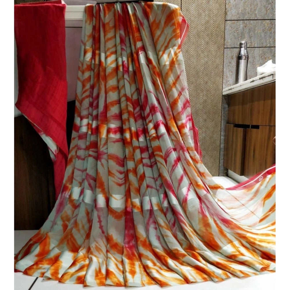Women's Satin Patta Printed Saree With Unstitched Blouse (Orange) - GillKart