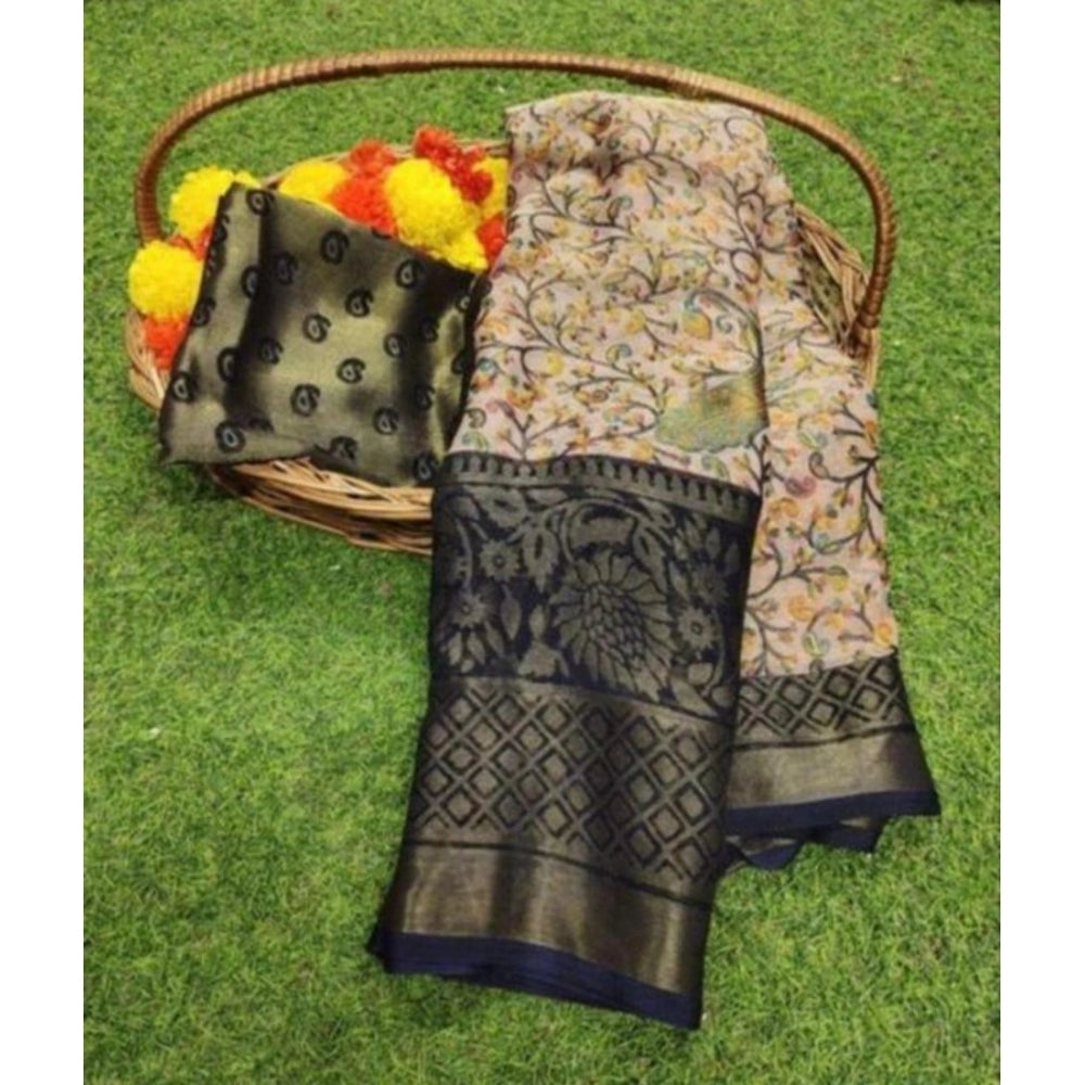 Women's Viscose Rayon Printed Saree With Unstitched Blouse (Navyblue) - GillKart