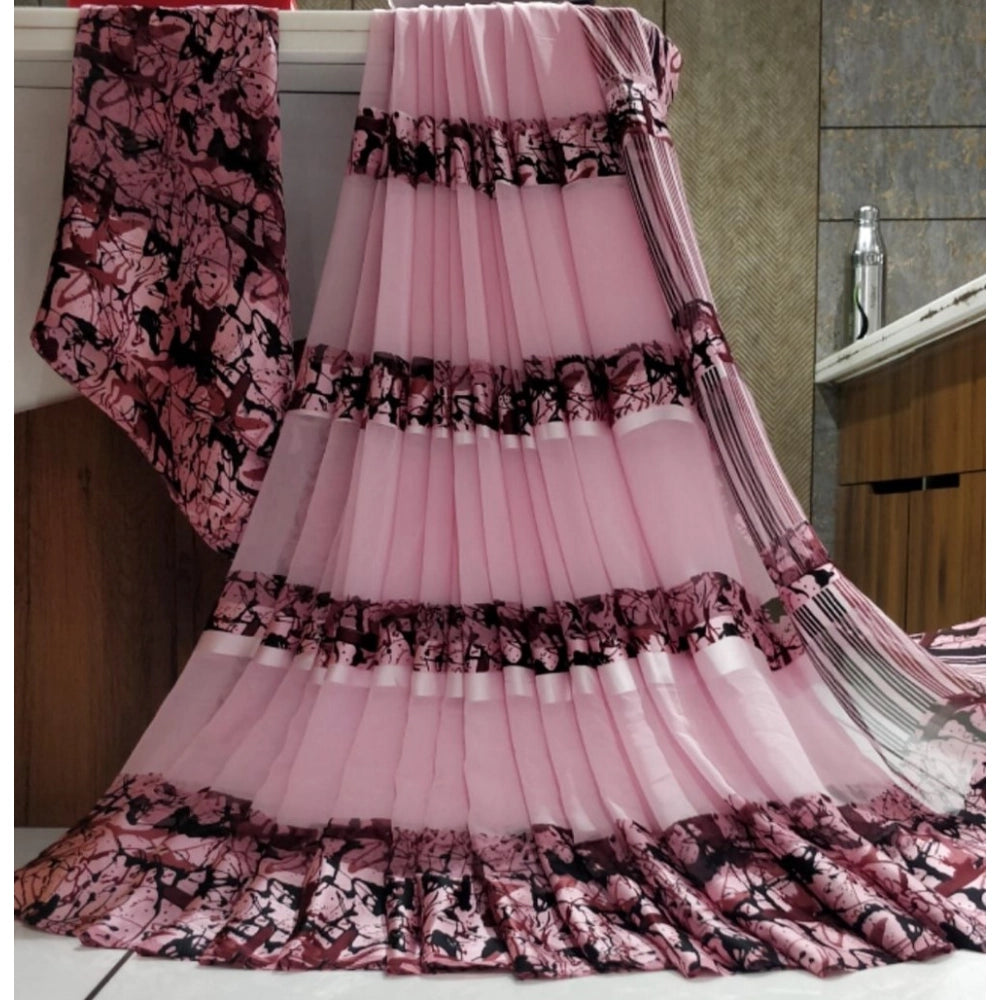 Pink satin patta printed saree with unstitched blouse - traditional women's Indian attire