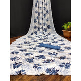 Blue georgette printed saree with unstitched blouse for women, vibrant print on display