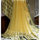 Yellow satin patta printed saree with unstitched blouse, traditional Indian women's attire