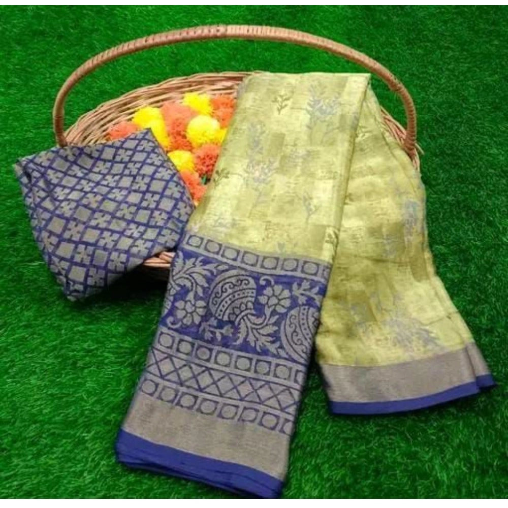 Women's Viscose Rayon Printed Saree With Unstitched Blouse (Navy Blue) - GillKart