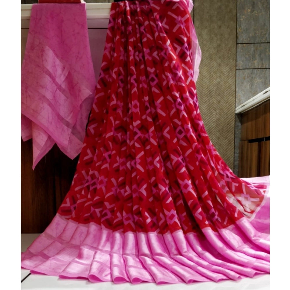 Women's Satin Patta Printed Saree With Unstitched Blouse (Pink) - GillKart