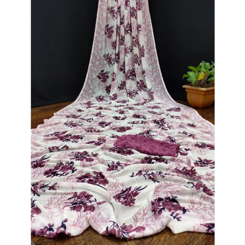 Pink georgette printed saree with unstitched blouse for women