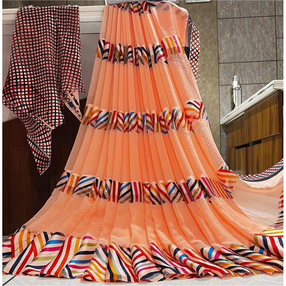 Peach satin patta printed saree with unstitched blouse for women, vibrant Indian fashion accessory