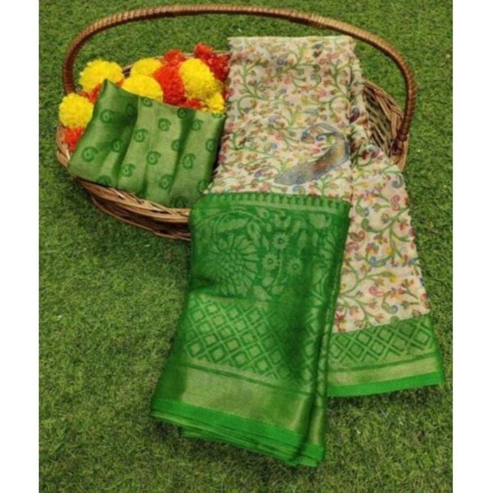 Green viscose rayon printed saree with unstitched blouse for women