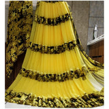 Yellow satin patta printed saree with unstitched blouse for women