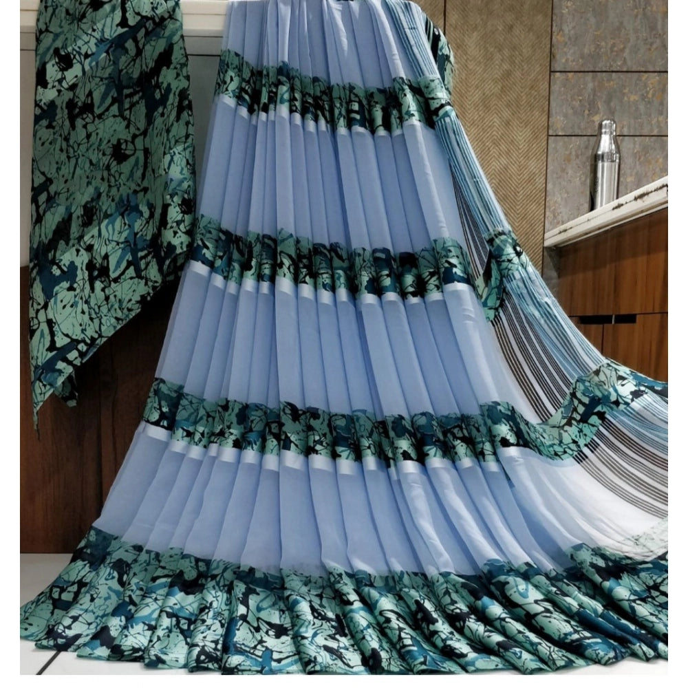 Blue satin patta printed saree with unstitched blouse for women