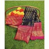 Navy Blue Viscose Rayon printed saree with unstitched blouse, women's traditional Indian wear on display