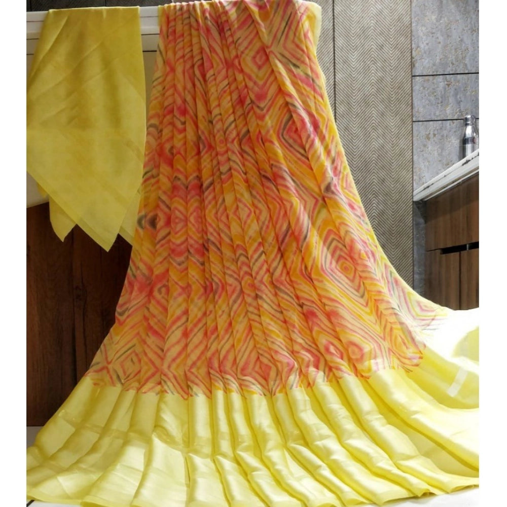 Yellow satin patta printed saree with unstitched blouse for women's traditional Indian wear
