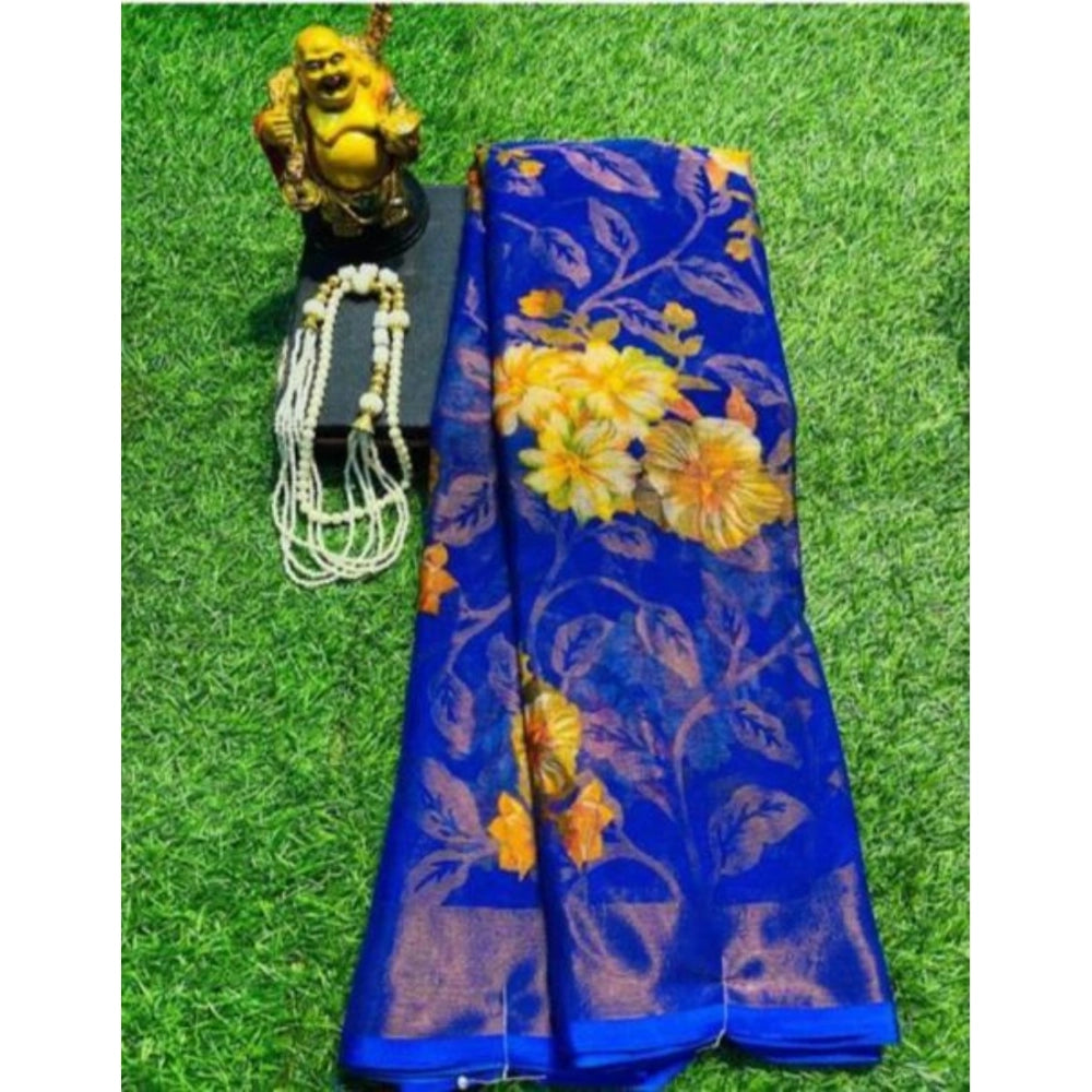 Royal Blue viscose rayon printed saree with unstitched blouse, high-quality women's ethnic wear on mannequin