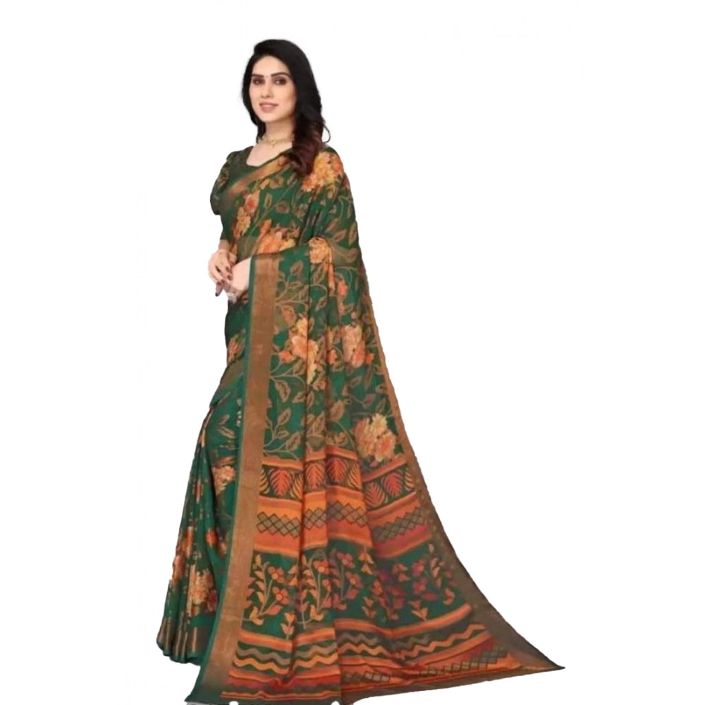 Green viscose rayon printed saree with unstitched blouse, traditional Indian ethnic wear for women