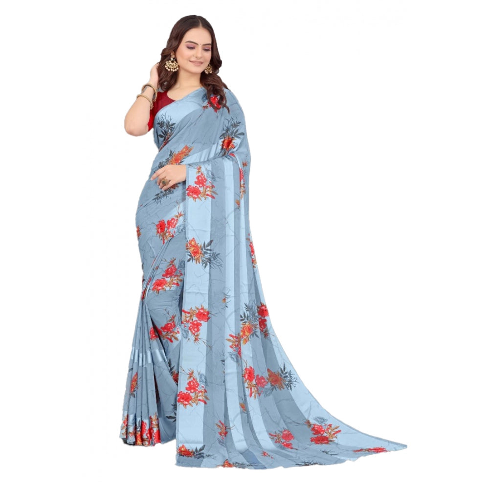 Women's Satin Patta Printed Saree With Unstitched Blouse (Grey) - GillKart