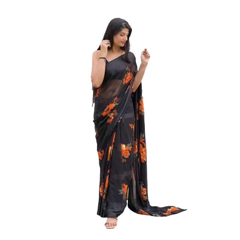 Orange satin patta printed saree with unstitched blouse, women's traditional Indian wear for special occasions
