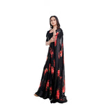 Red satin patta printed saree with unstitched blouse, traditional Indian women's wear for festive occasions