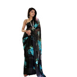 Blue satin patta printed saree with unstitched blouse - vibrant, elegant women's traditional wear
