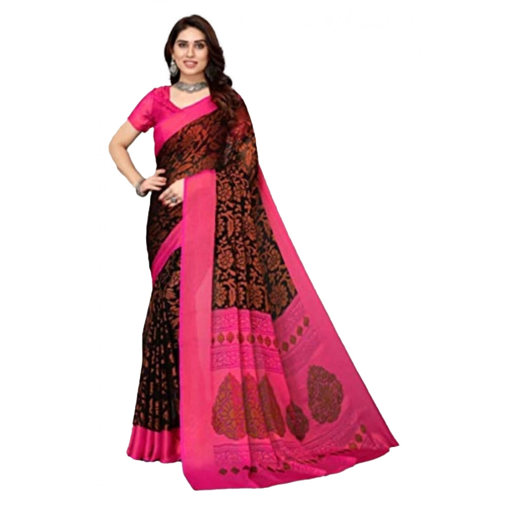 Black viscose rayon printed saree with unstitched blouse for women, intricate design and vibrant colors depicted