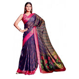 Navy blue viscose rayon printed saree with unstitched blouse, vibrant floral design for women's ethnic wear