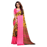 Pink satin patta printed saree with unstitched blouse for women, vibrant Indian traditional wear on mannequin