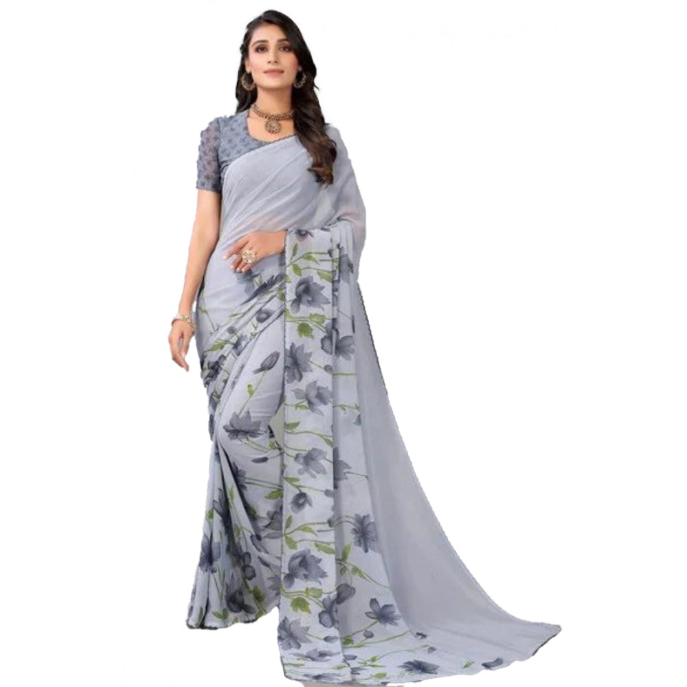 Grey georgette printed saree with unstitched blouse for women, vibrant patterns showcased on display stand