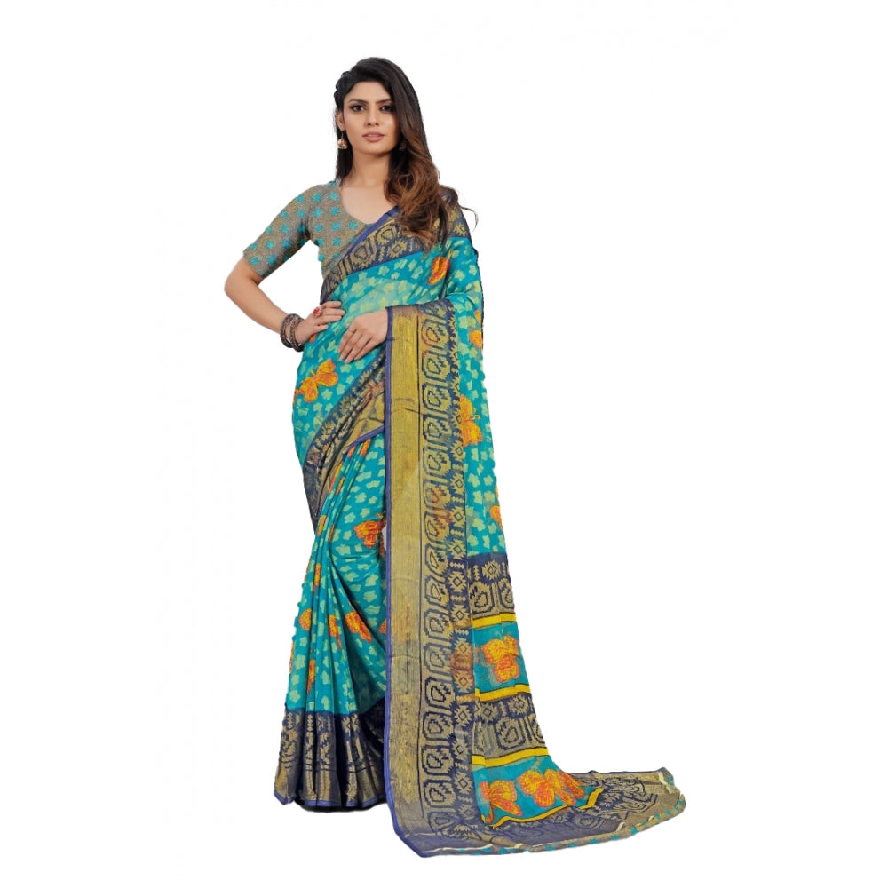 Women's Viscose Rayon Printed Saree With Unstitched Blouse (Sky Blue) - GillKart