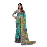Women's Viscose Rayon Printed Saree With Unstitched Blouse (Sky Blue) - GillKart