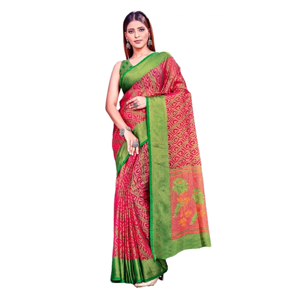 Pink viscose rayon printed saree with unstitched blouse, vibrant color and intricate pattern on display