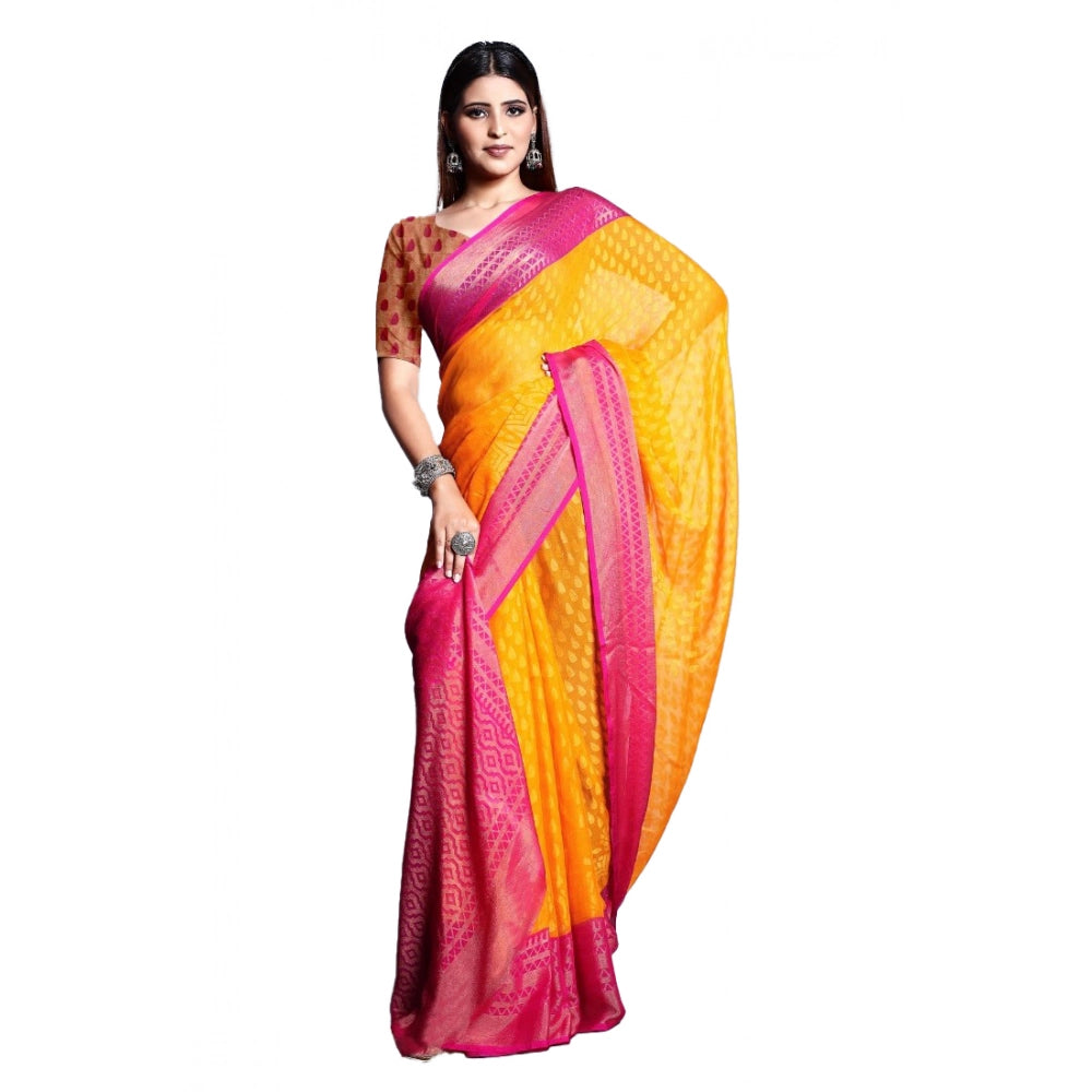 Yellow viscose rayon printed saree with unstitched blouse, vibrant traditional Indian wear for women