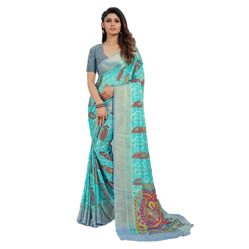 Women's Viscose Rayon Printed Saree With Unstitched Blouse (Sky Blue) - GillKart