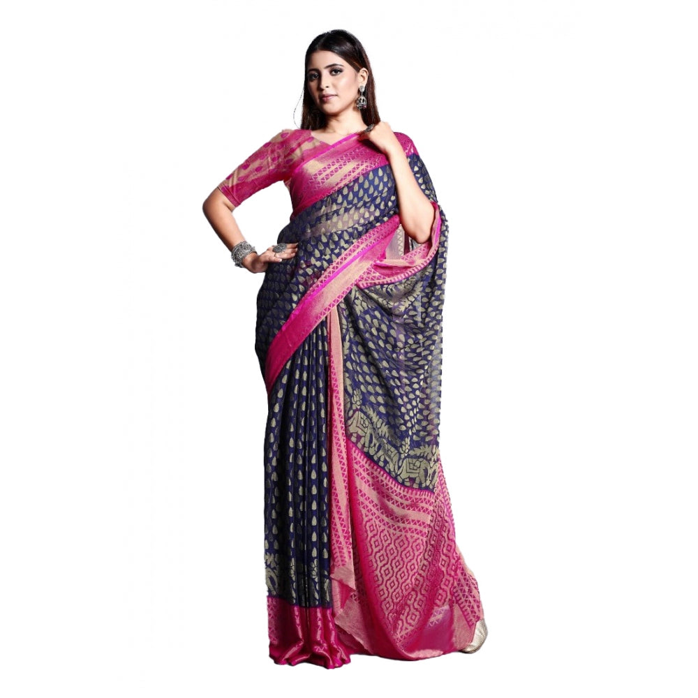 Women's Viscose Rayon Printed Saree With Unstitched Blouse (Navy Blue) - GillKart