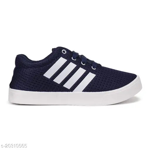 Navy blue adidas running shoe with white stripes and laces