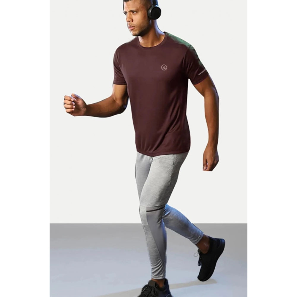 Maroon polyester men's casual half sleeve solid crew neck t-shirt with regular fit, on hanger