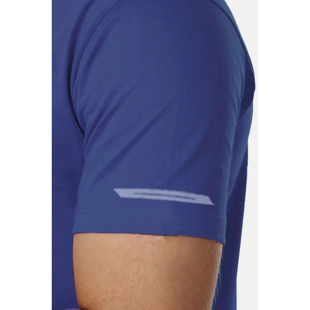 Blue polyester men's casual half-sleeve solid crew neck t-shirt with regular fit - wearable apparel accessory on hanger