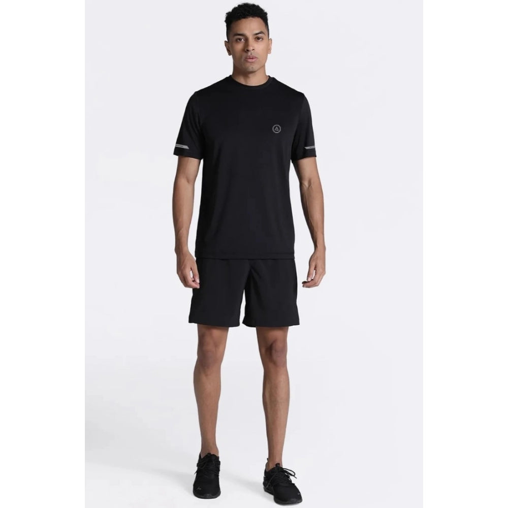 Black polyester men's casual half-sleeve crew neck solid t-shirt for everyday wear