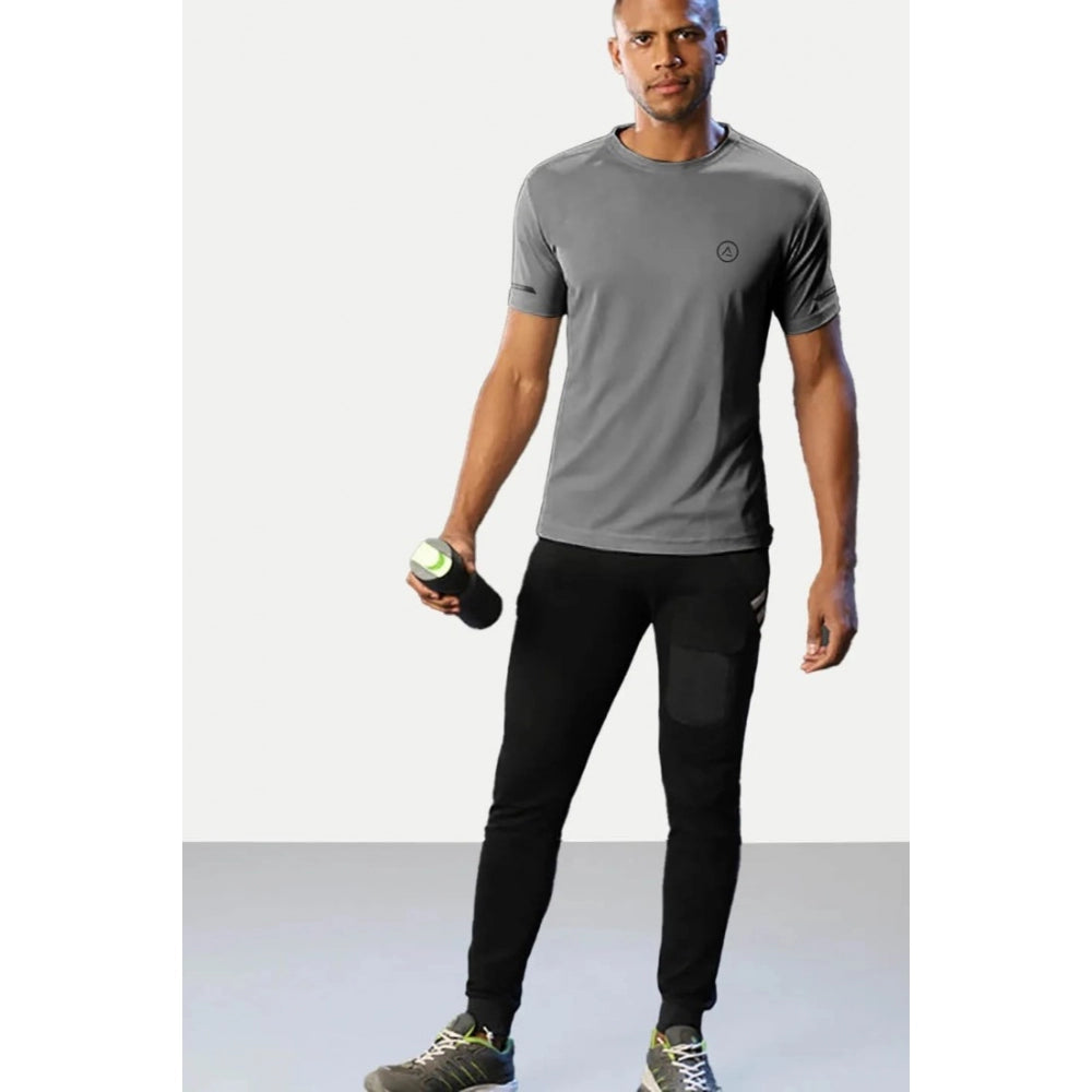 Grey polyester men's casual half sleeve solid crew neck t-shirt with regular fit, on mannequin