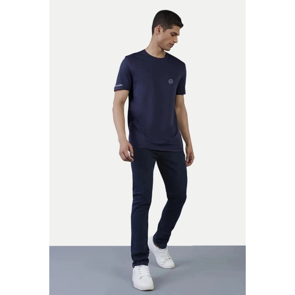 Navy blue polyester men's casual half sleeve crew neck solid T-shirt - ideal for everyday wear