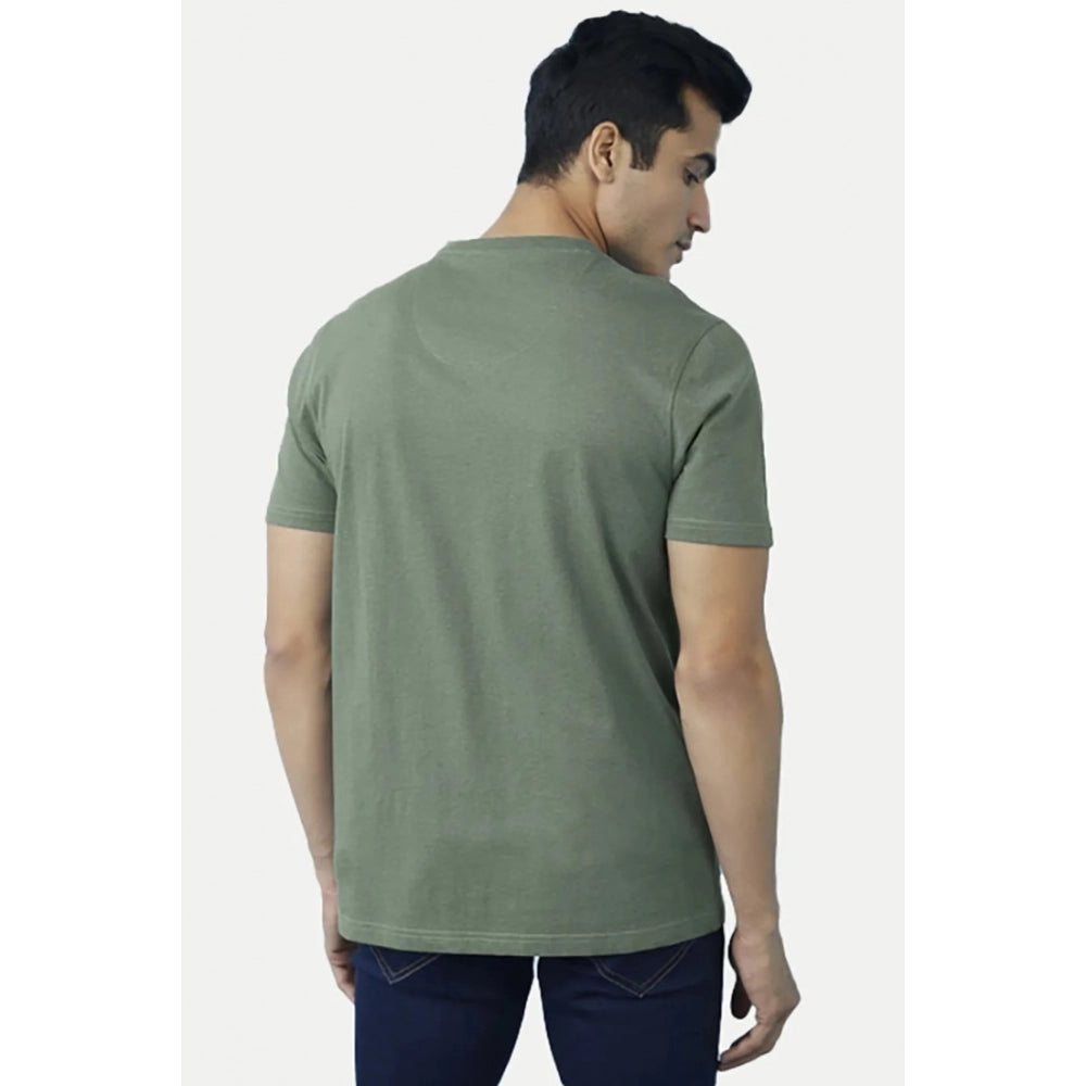 Green cotton men's casual half sleeve solid V-neck t-shirt on model, regular fit