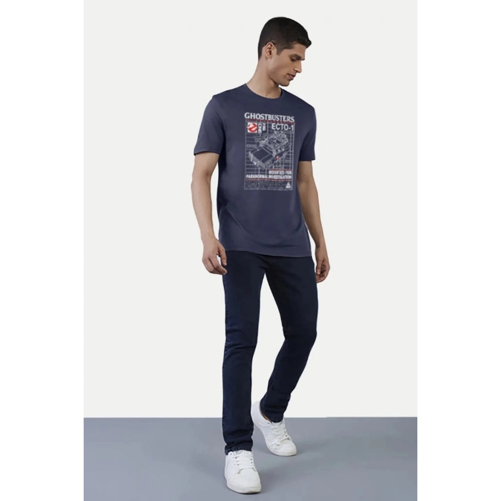 Men's Casual Half sleeve Printed Polyester Crew Neck T-shirt (Blue) - GillKart