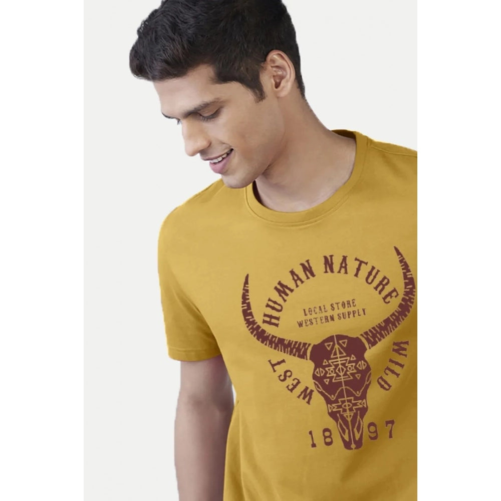 Men's Casual Half sleeve Printed Polyester Crew Neck T-shirt (Mustard) - GillKart