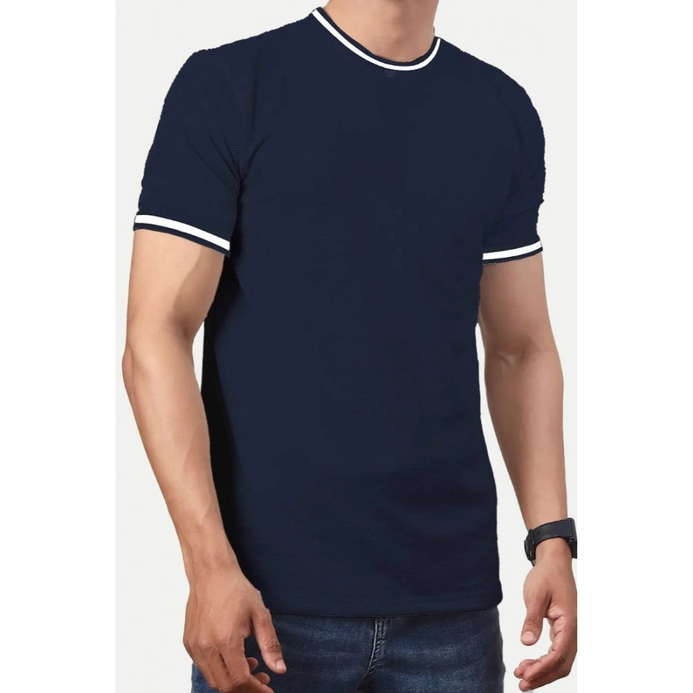 Navy solid polyester men's casual half sleeve crew neck t-shirt for comfortable everyday wear