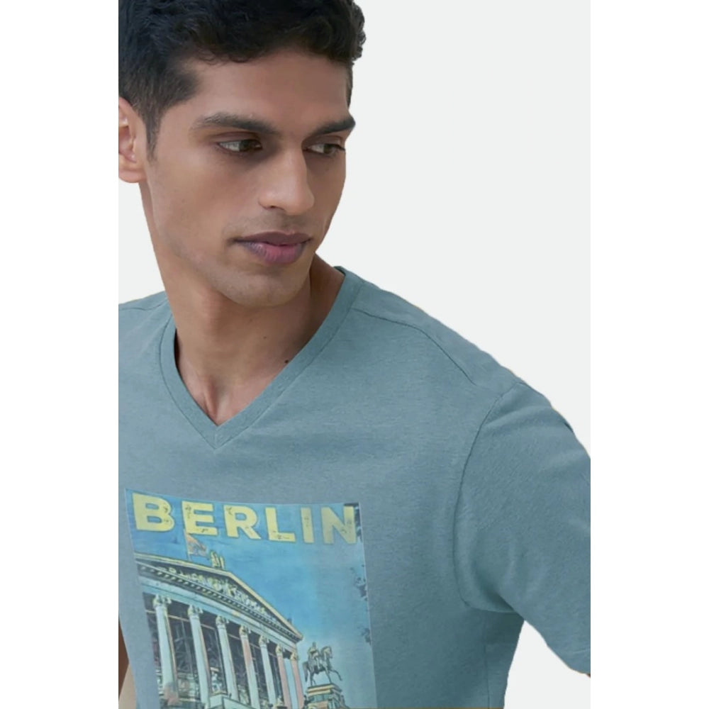 Teal digital printed cotton half-sleeve crew neck t-shirt for men