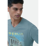 Teal digital printed cotton half-sleeve crew neck t-shirt for men