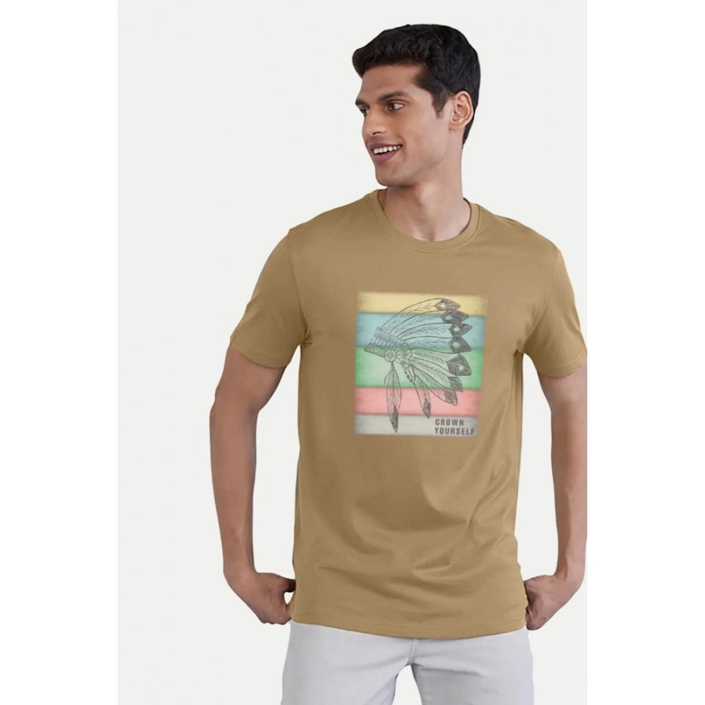 Men's casual half sleeve digital printed sand cotton crew neck t-shirt, regular fit with vibrant graphic design on display