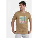 Men's casual half sleeve digital printed sand cotton crew neck t-shirt, regular fit with vibrant graphic design on display